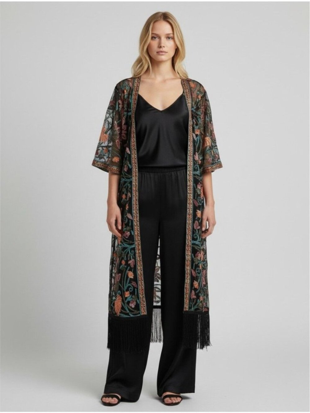 American Flirt Floral Embroidered Sheer Kimono Duster Fringe Hem S